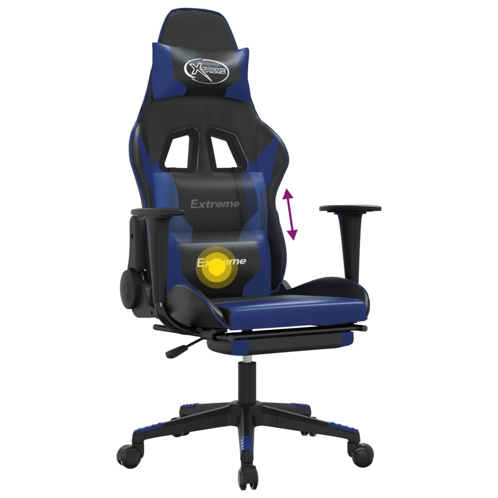 gaming chair with footrest, black and blue, faux leather