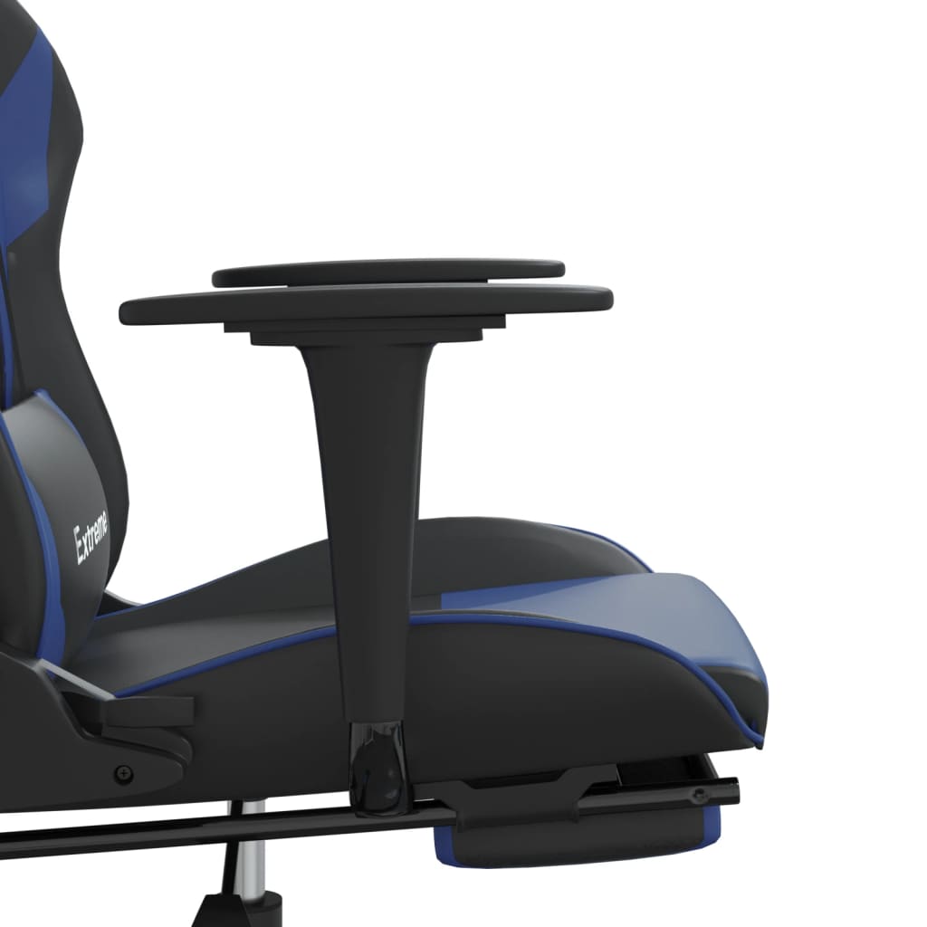 gaming chair with footrest, black and blue, faux leather