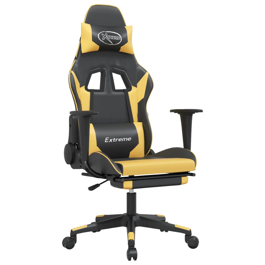 gaming chair with footrest, black and gold, faux leather