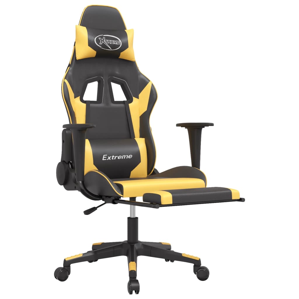 gaming chair with footrest, black and gold, faux leather