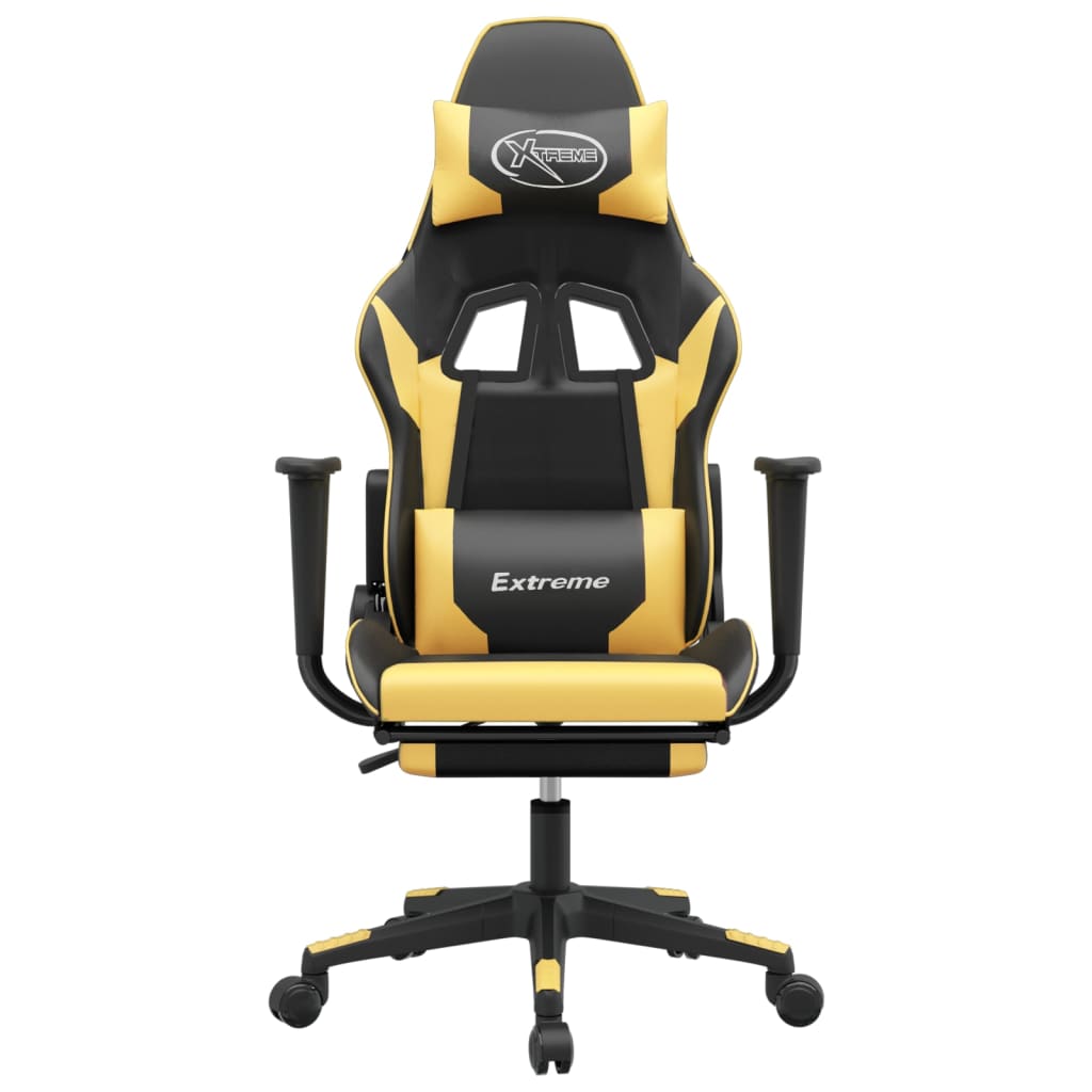 gaming chair with footrest, black and gold, faux leather