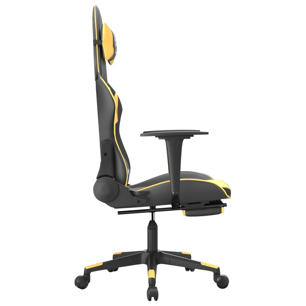 gaming chair with footrest, black and gold, faux leather