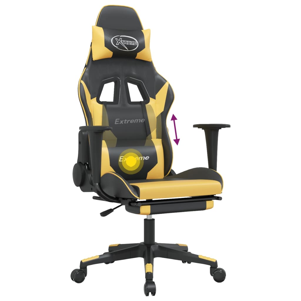 gaming chair with footrest, black and gold, faux leather