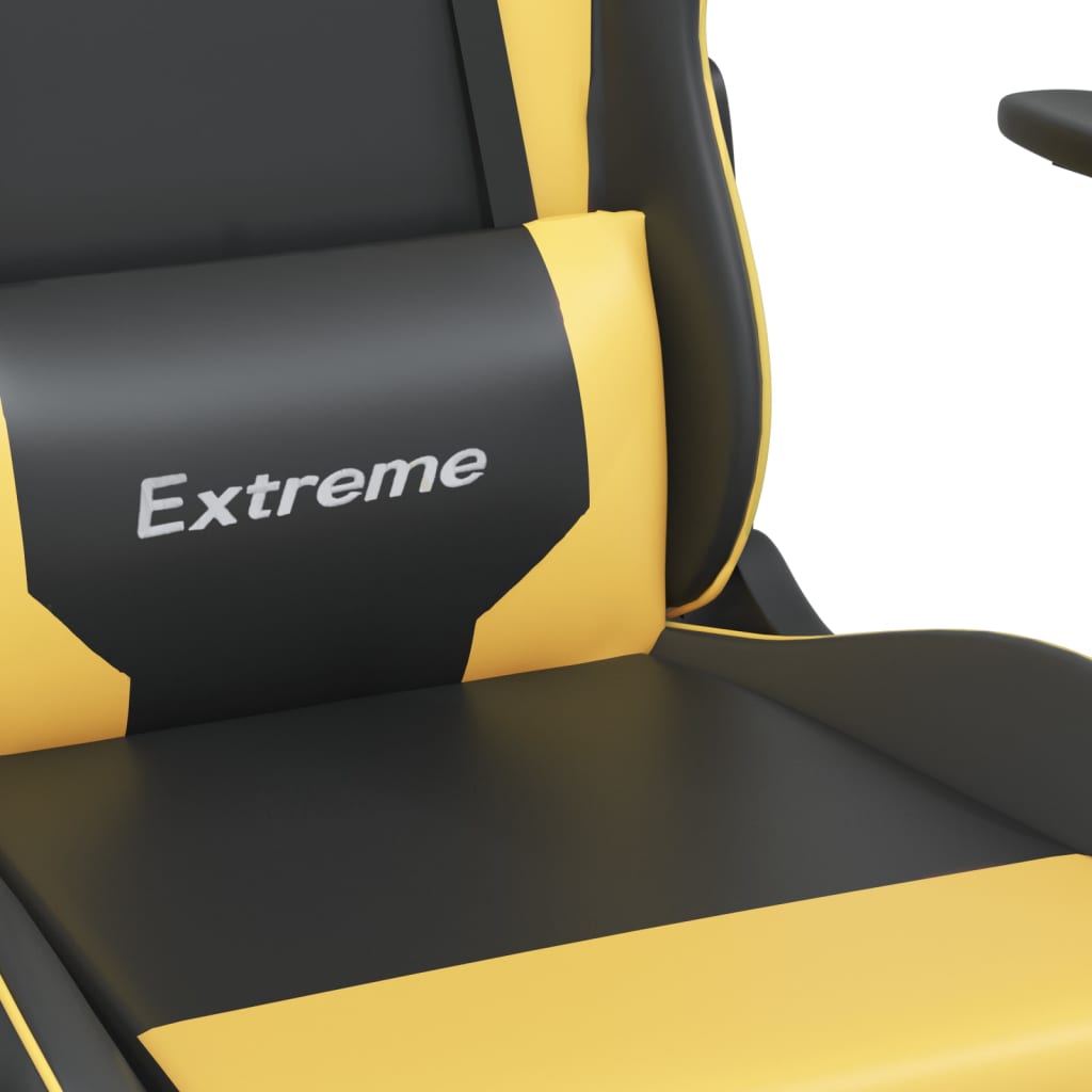 gaming chair with footrest, black and gold, faux leather