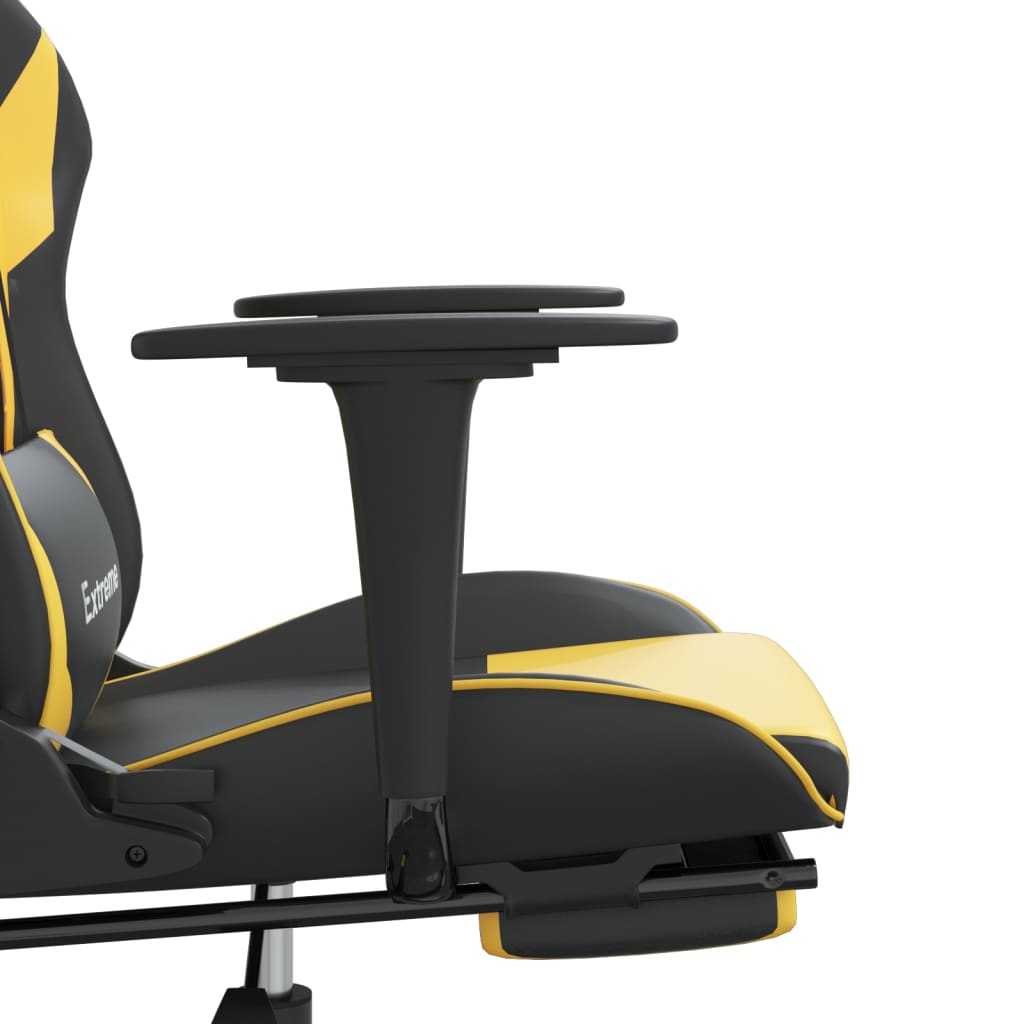 gaming chair with footrest, black and gold, faux leather