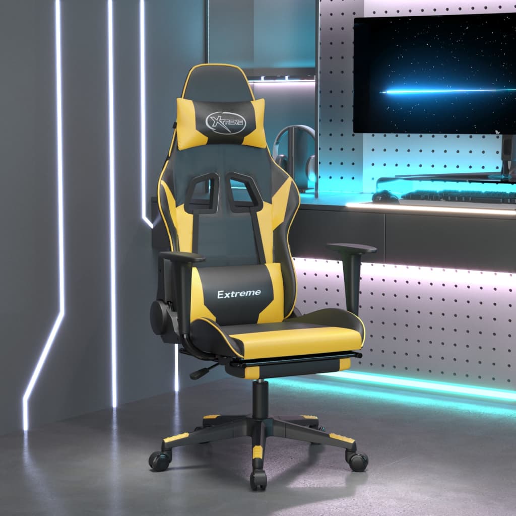 gaming chair with footrest, black and gold, faux leather