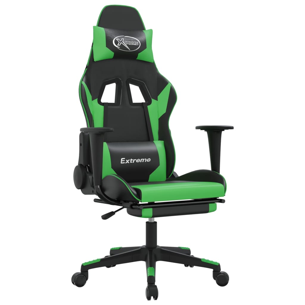 gaming chair with footrest, black and green, faux leather