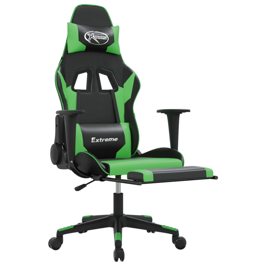 gaming chair with footrest, black and green, faux leather