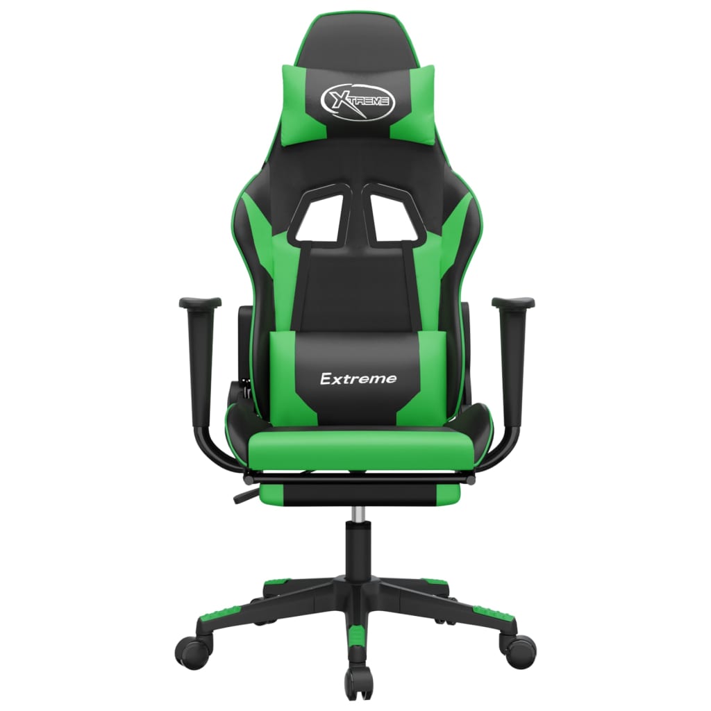 gaming chair with footrest, black and green, faux leather