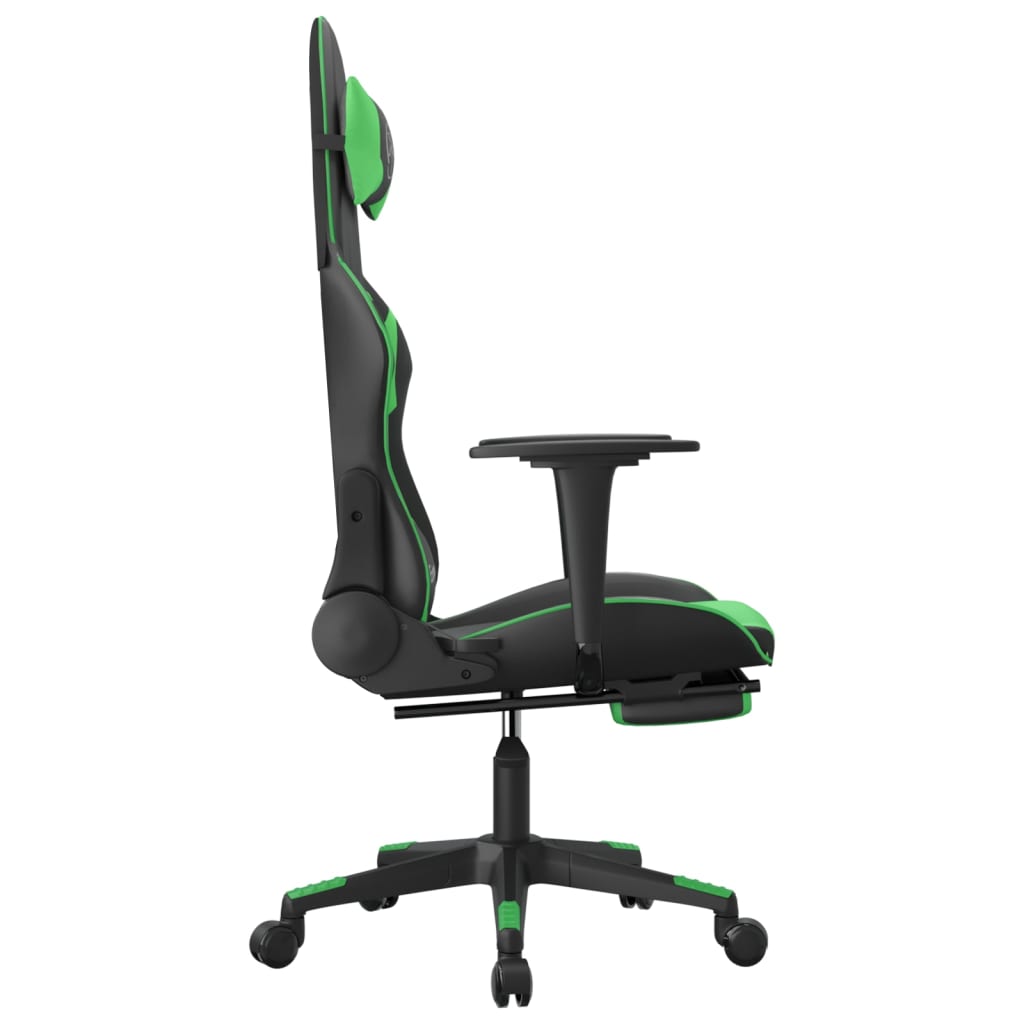 gaming chair with footrest, black and green, faux leather