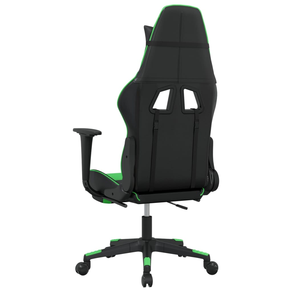 gaming chair with footrest, black and green, faux leather