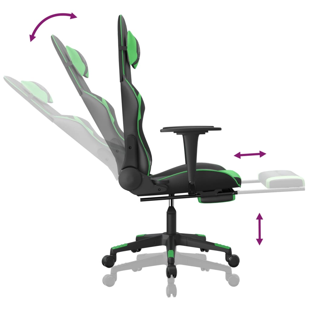 gaming chair with footrest, black and green, faux leather