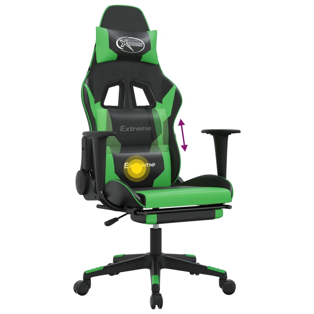 gaming chair with footrest, black and green, faux leather