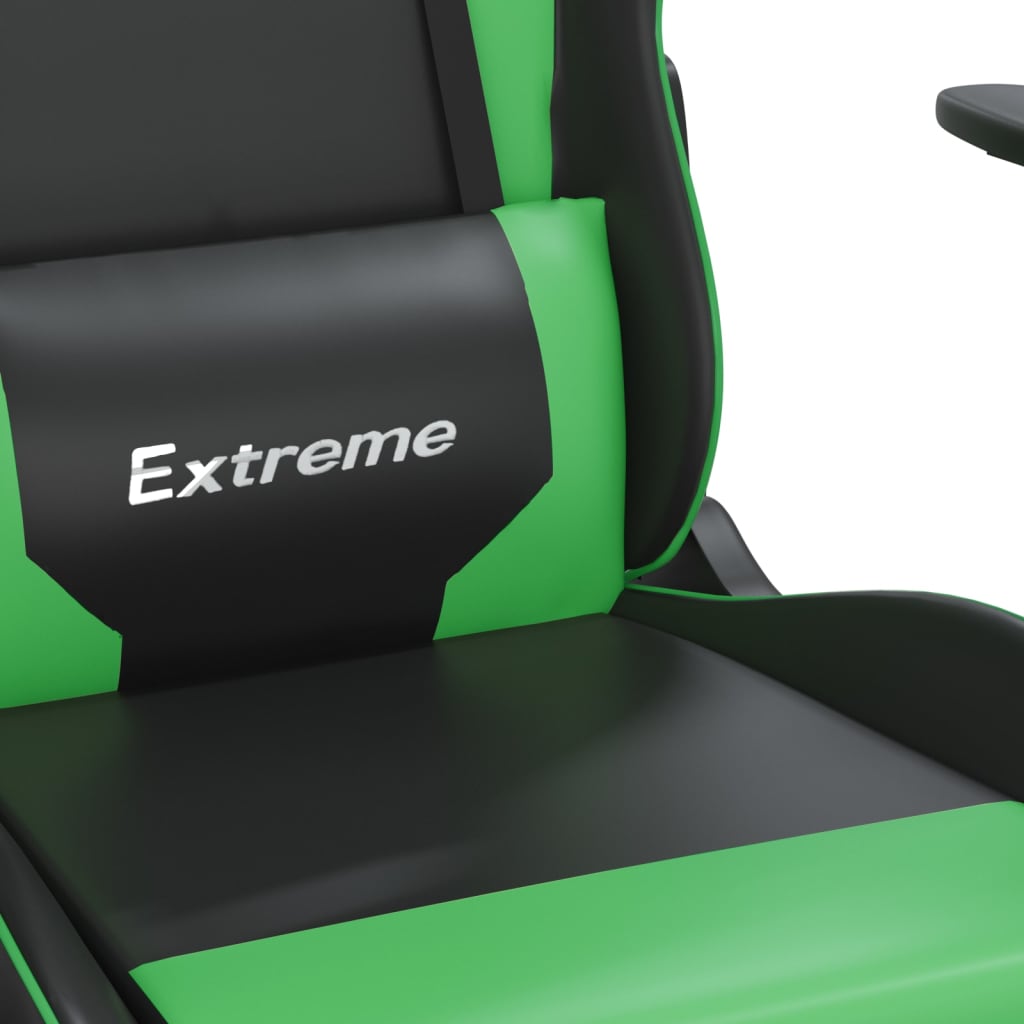 gaming chair with footrest, black and green, faux leather