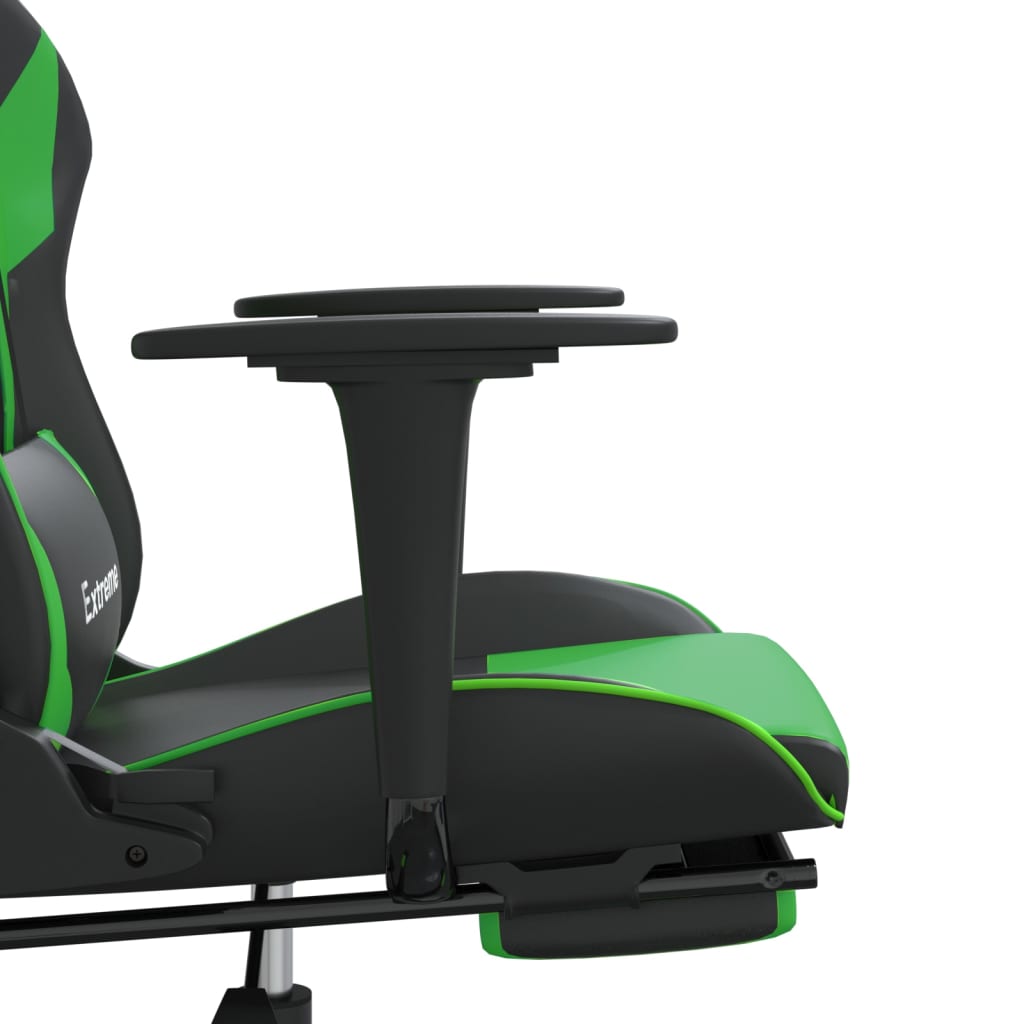 gaming chair with footrest, black and green, faux leather