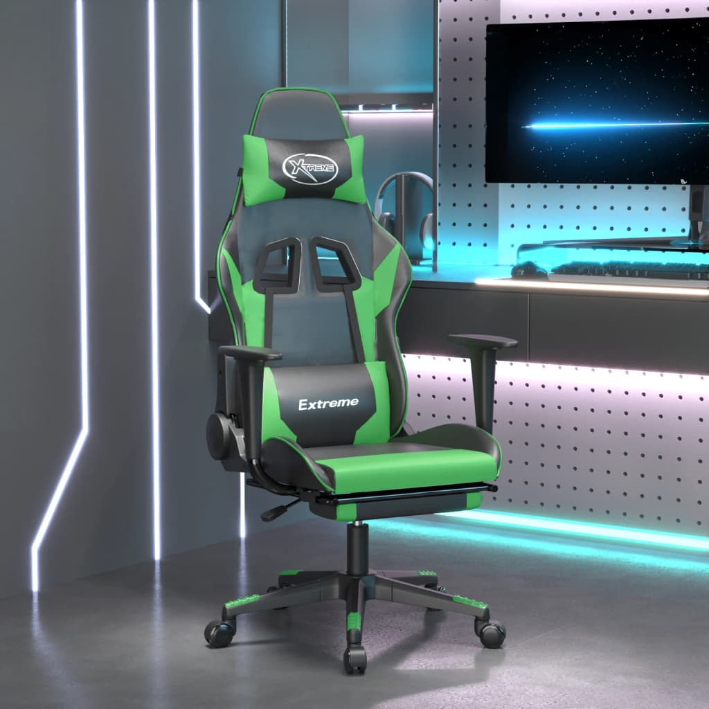 gaming chair with footrest, black and green, faux leather