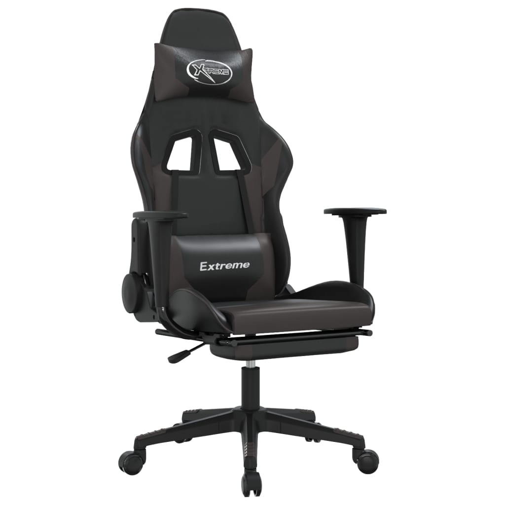 gaming chair with footrest, black and gray, faux leather