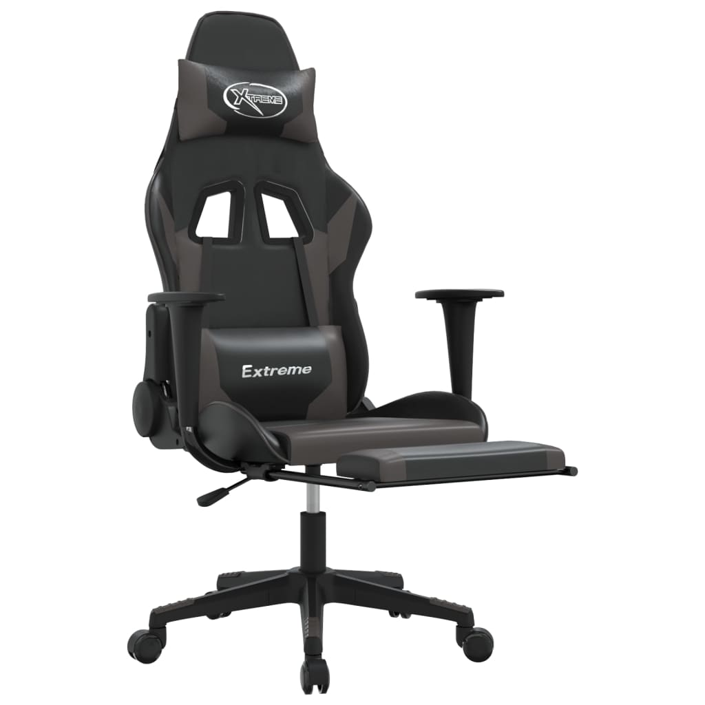 gaming chair with footrest, black and gray, faux leather