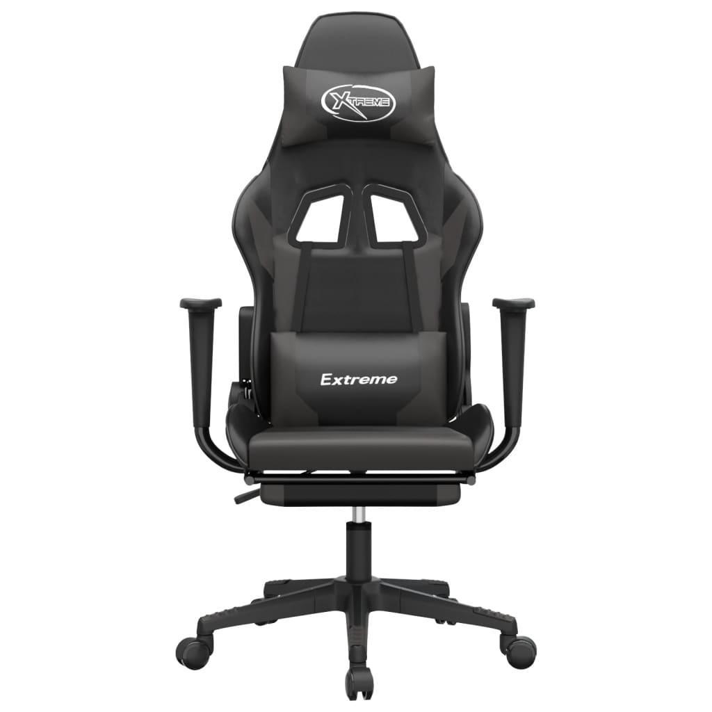 gaming chair with footrest, black and gray, faux leather