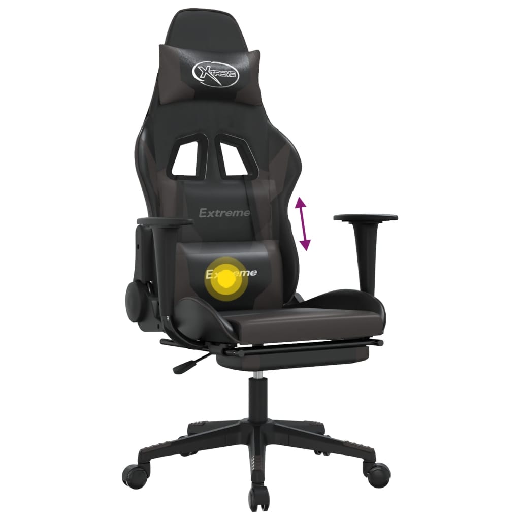 gaming chair with footrest, black and gray, faux leather