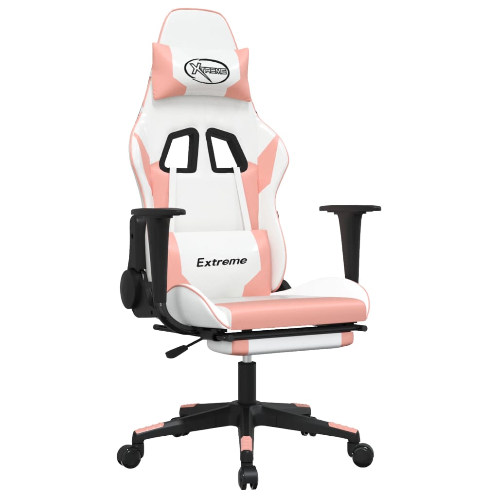 gaming chair with footrest, white and pink, faux leather