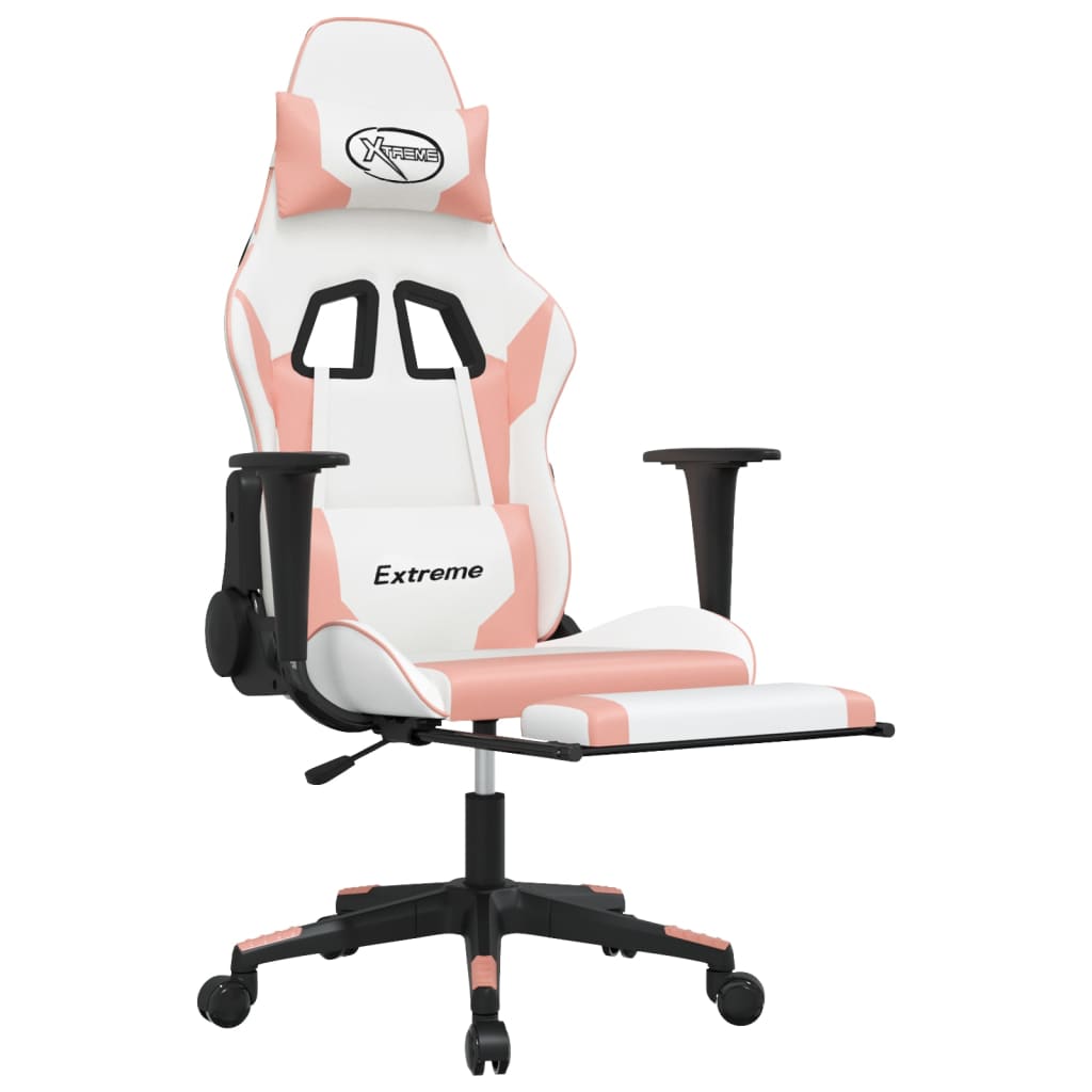 gaming chair with footrest, white and pink, faux leather