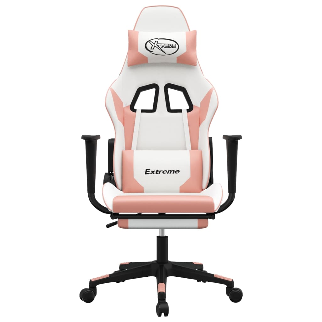 gaming chair with footrest, white and pink, faux leather