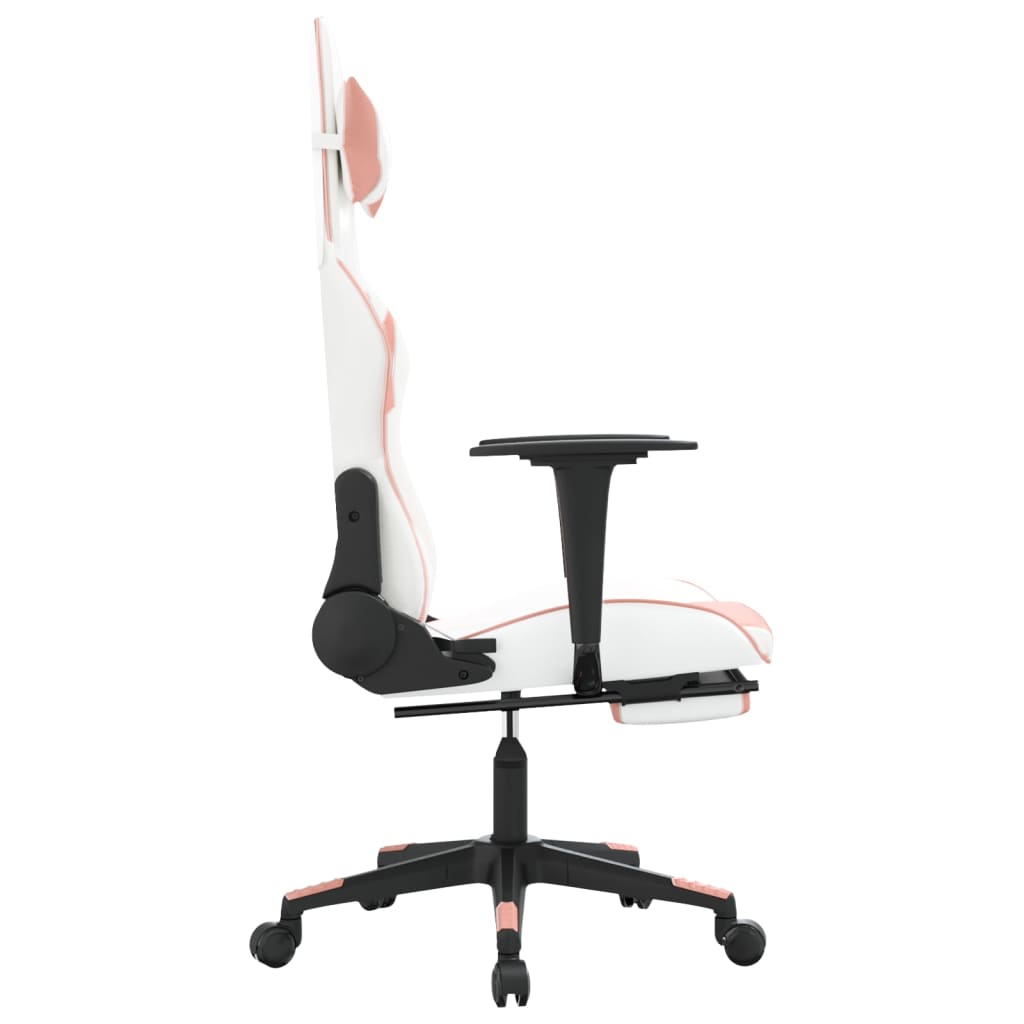 gaming chair with footrest, white and pink, faux leather