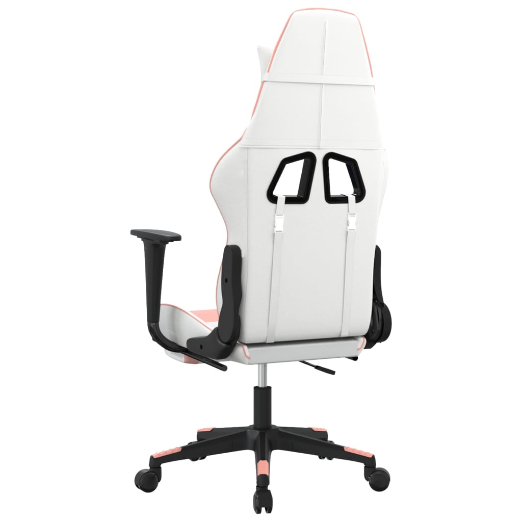 gaming chair with footrest, white and pink, faux leather