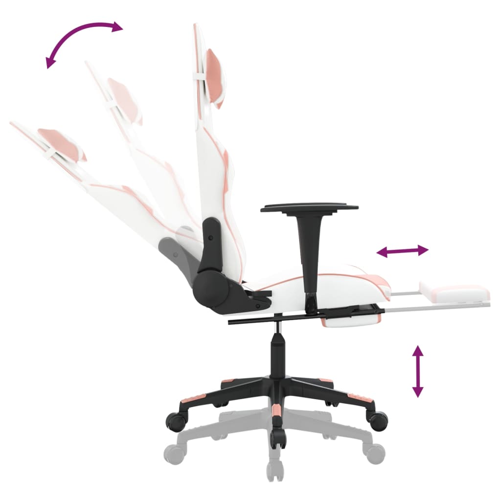 gaming chair with footrest, white and pink, faux leather