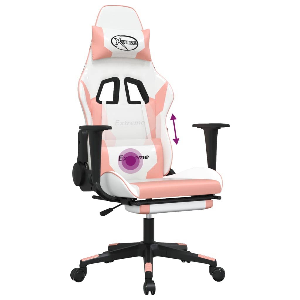 gaming chair with footrest, white and pink, faux leather