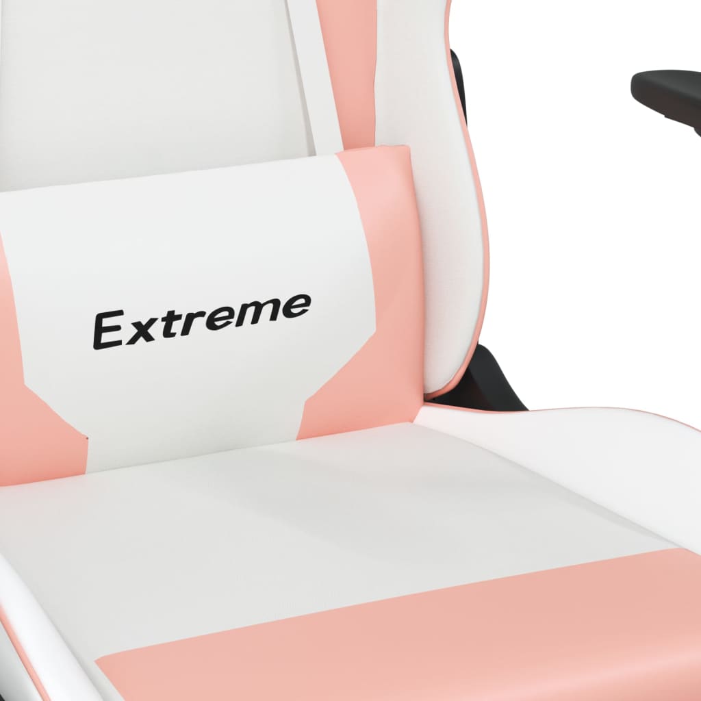 gaming chair with footrest, white and pink, faux leather