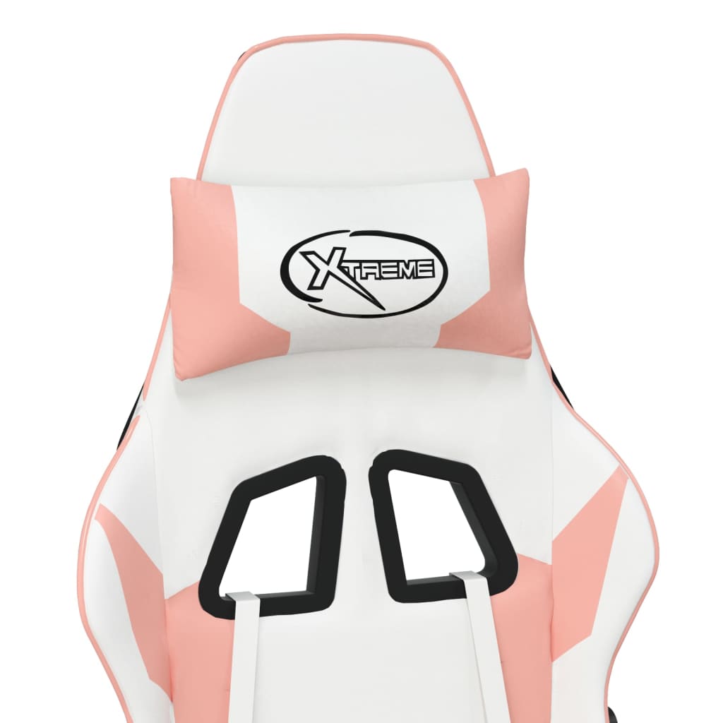 gaming chair with footrest, white and pink, faux leather