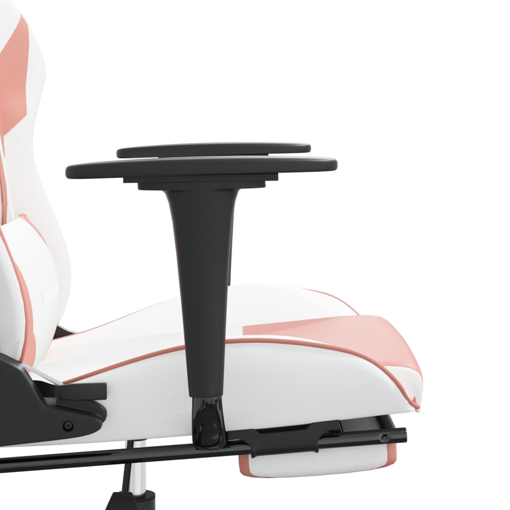 gaming chair with footrest, white and pink, faux leather