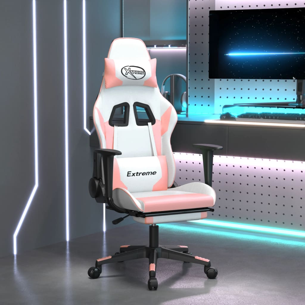 gaming chair with footrest, white and pink, faux leather