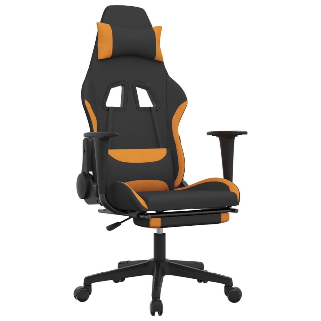 massage gaming chair with footrest, black and orange, fabric