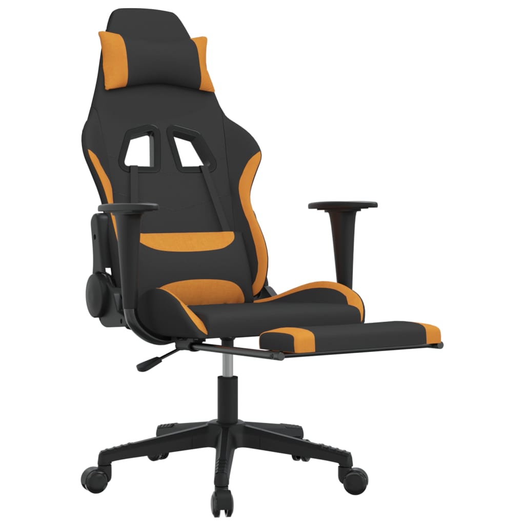 massage gaming chair with footrest, black and orange, fabric