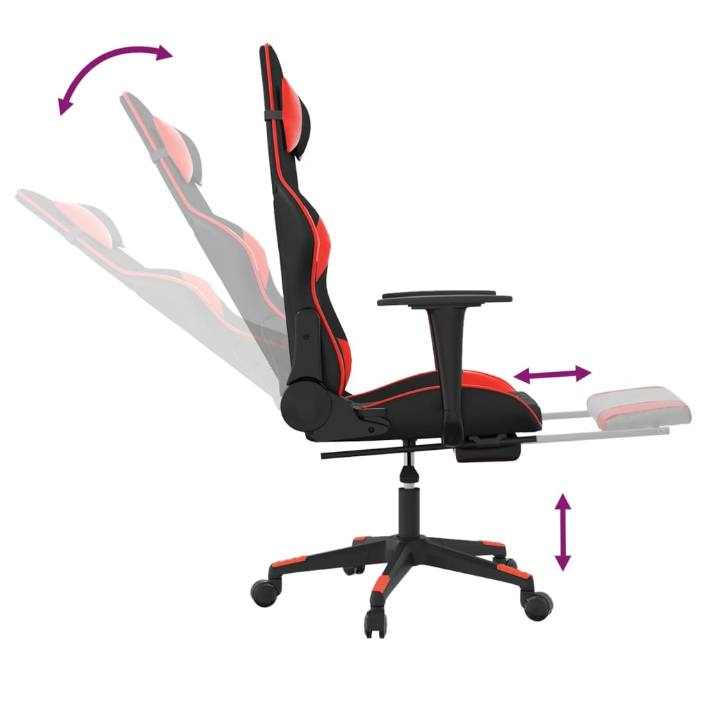 gaming chair with footrest, black and red, faux leather