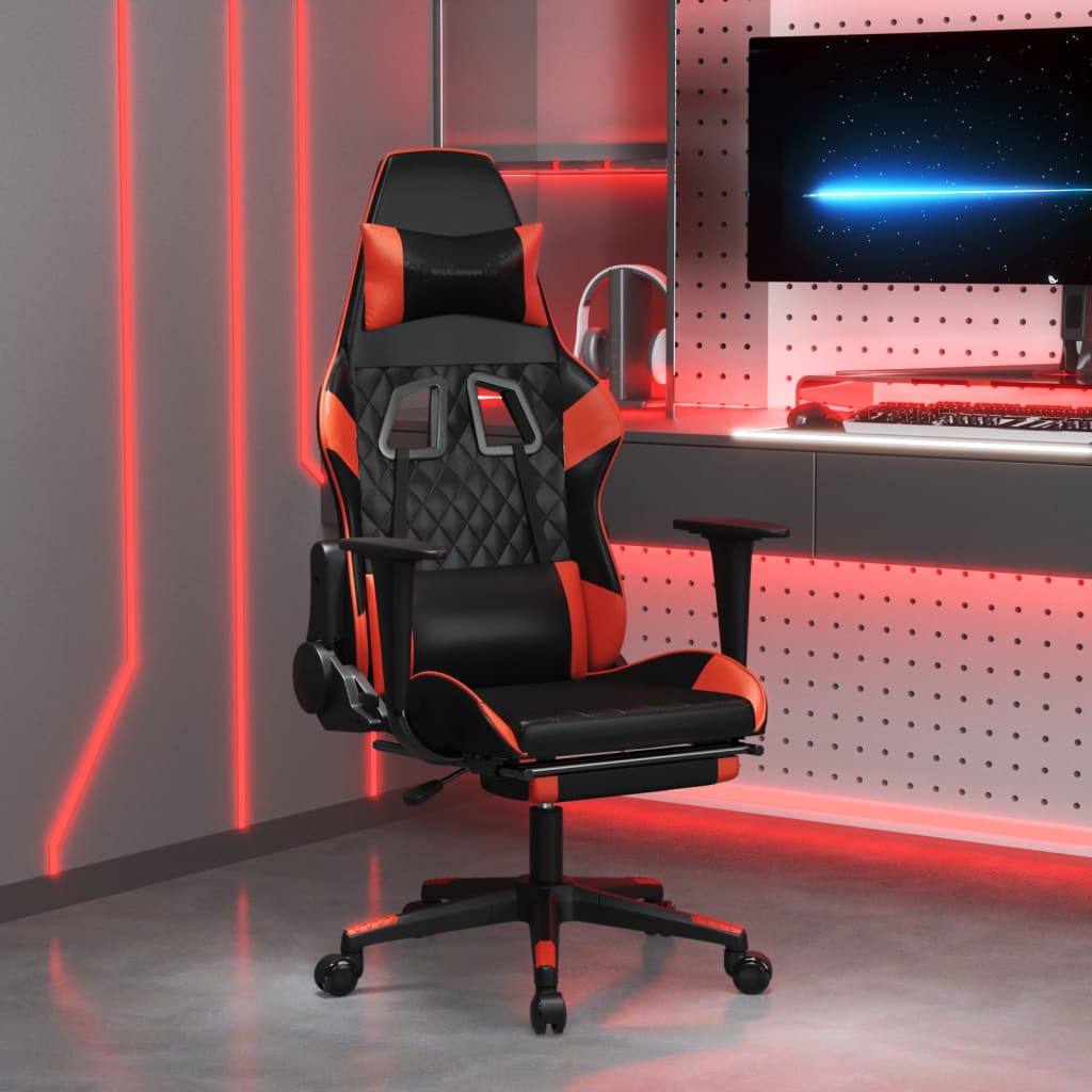 gaming chair with footrest, black and red, faux leather