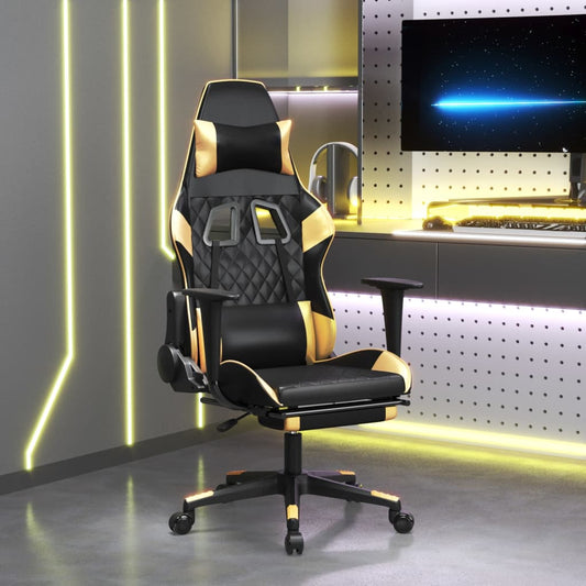 gaming chair with footrest, black and gold, faux leather