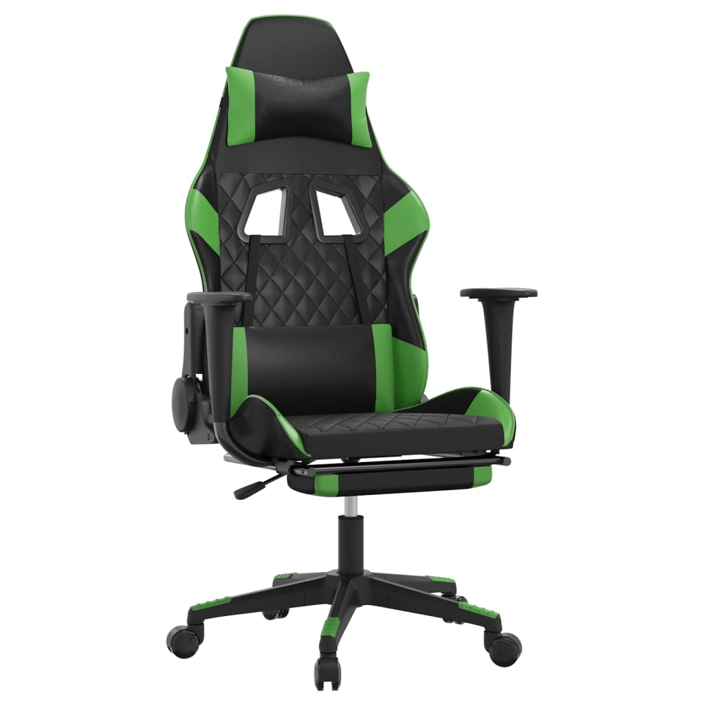 gaming chair with footrest, black and green, faux leather