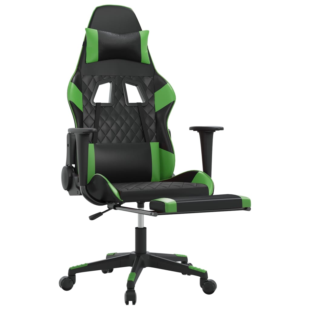 gaming chair with footrest, black and green, faux leather