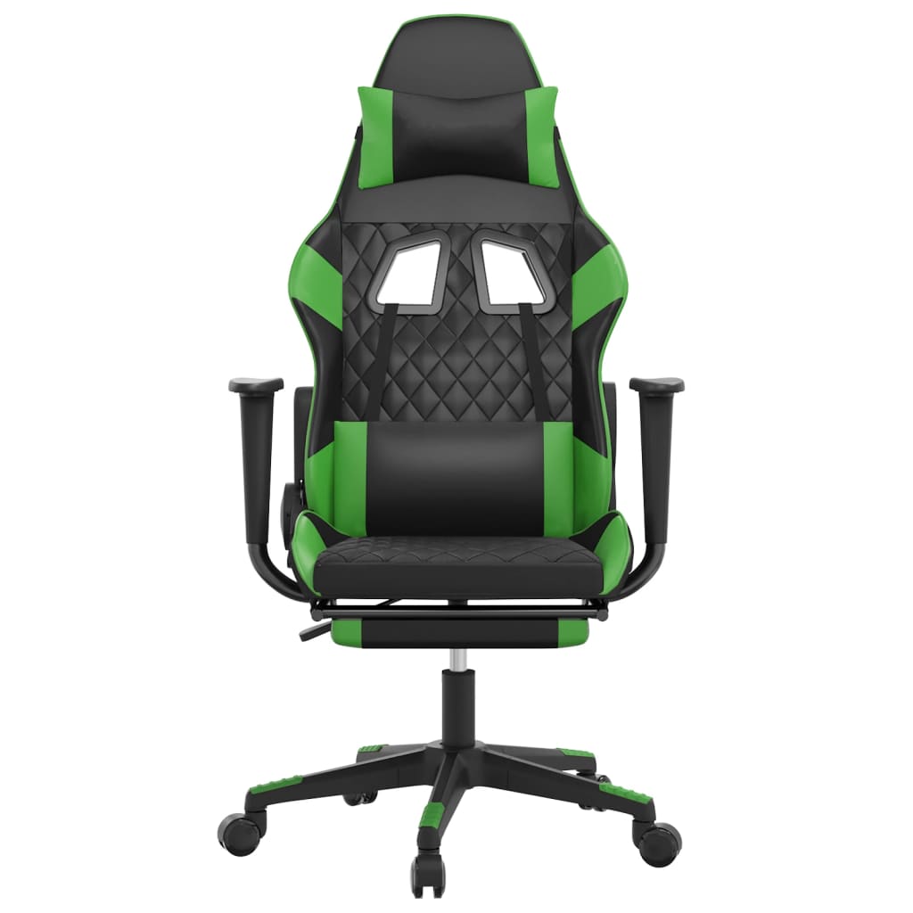 gaming chair with footrest, black and green, faux leather