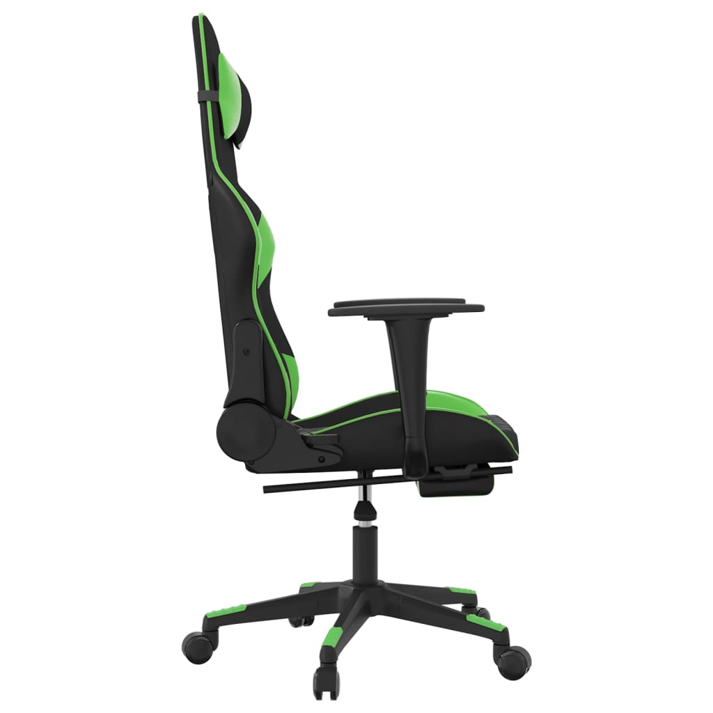 gaming chair with footrest, black and green, faux leather