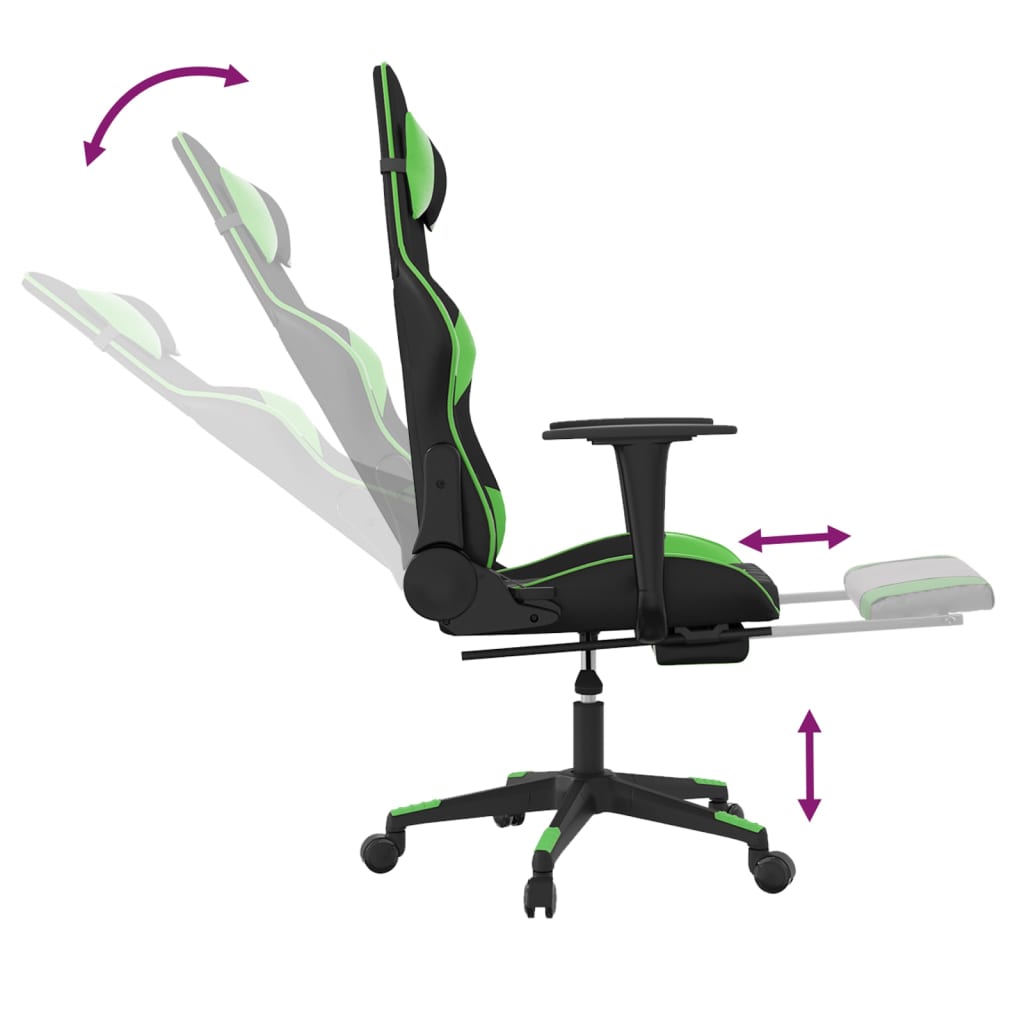 gaming chair with footrest, black and green, faux leather