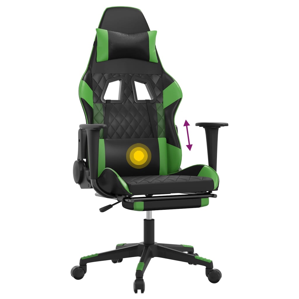 gaming chair with footrest, black and green, faux leather