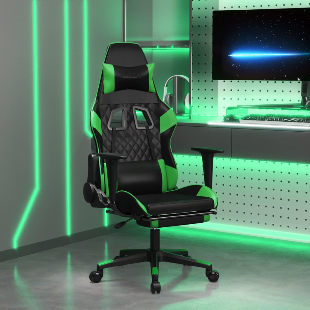 gaming chair with footrest, black and green, faux leather