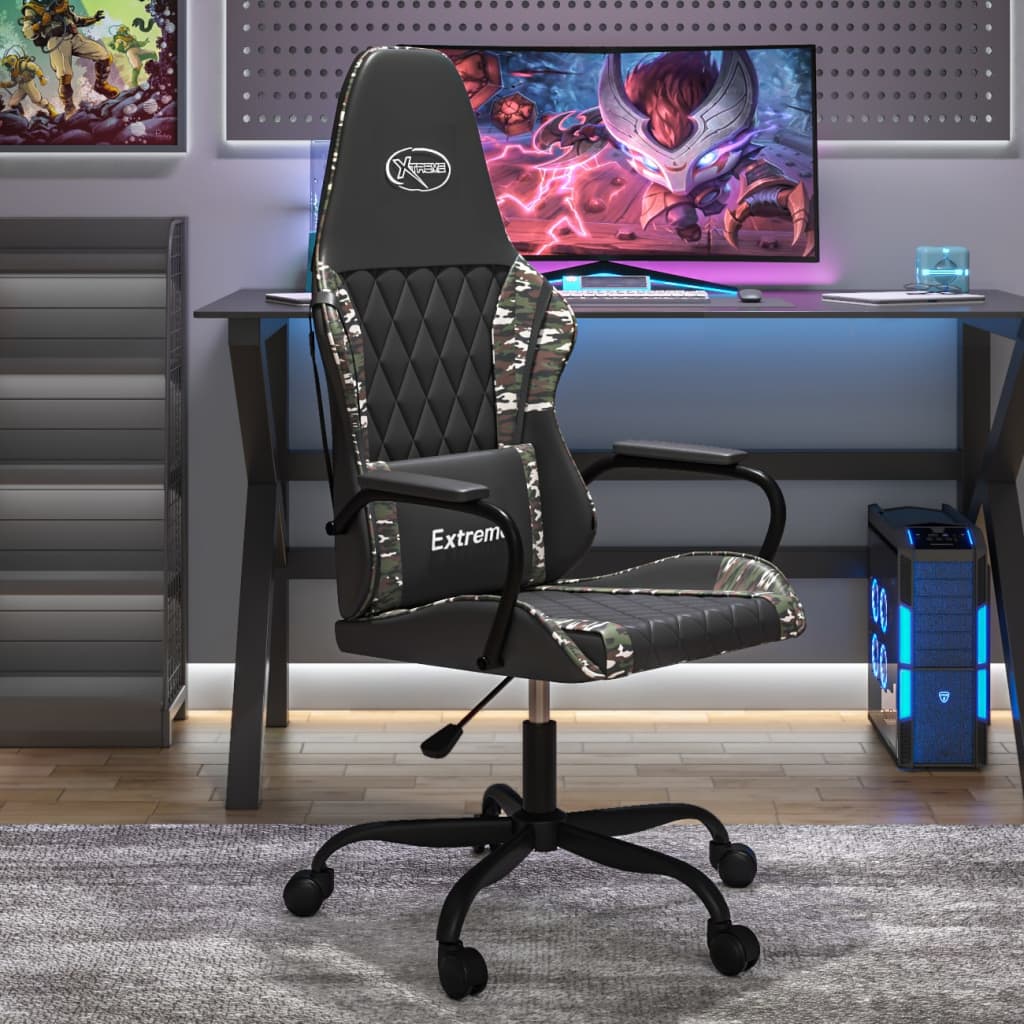 gaming chair with massage, black and camouflage, faux leather