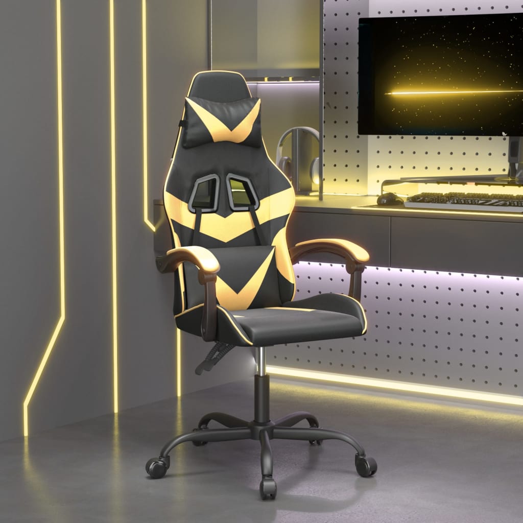 swivel gaming chair, black and gold, faux leather