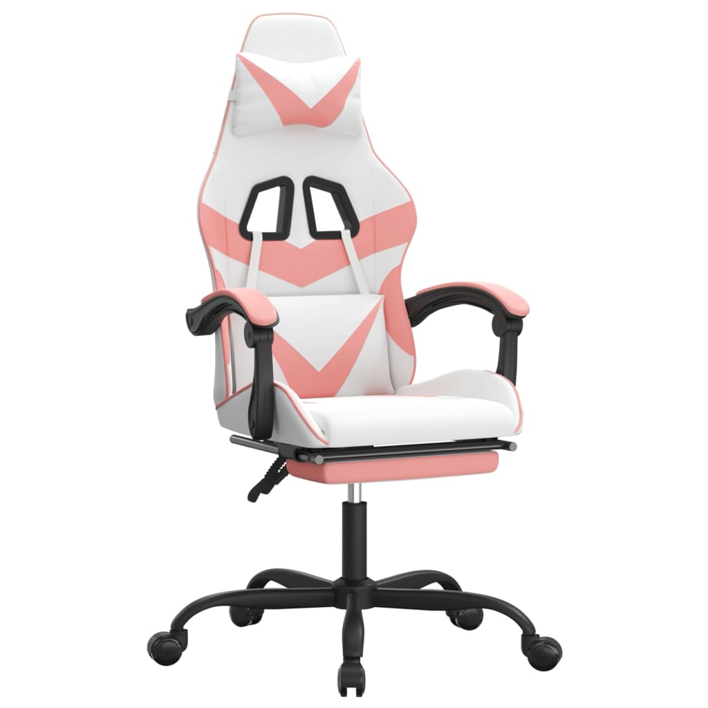 swivel gaming chair with footrest, white and pink, faux leather